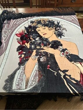 Silk Velvet Art Nouveau Vintage beaded Fringed Piano Shawl